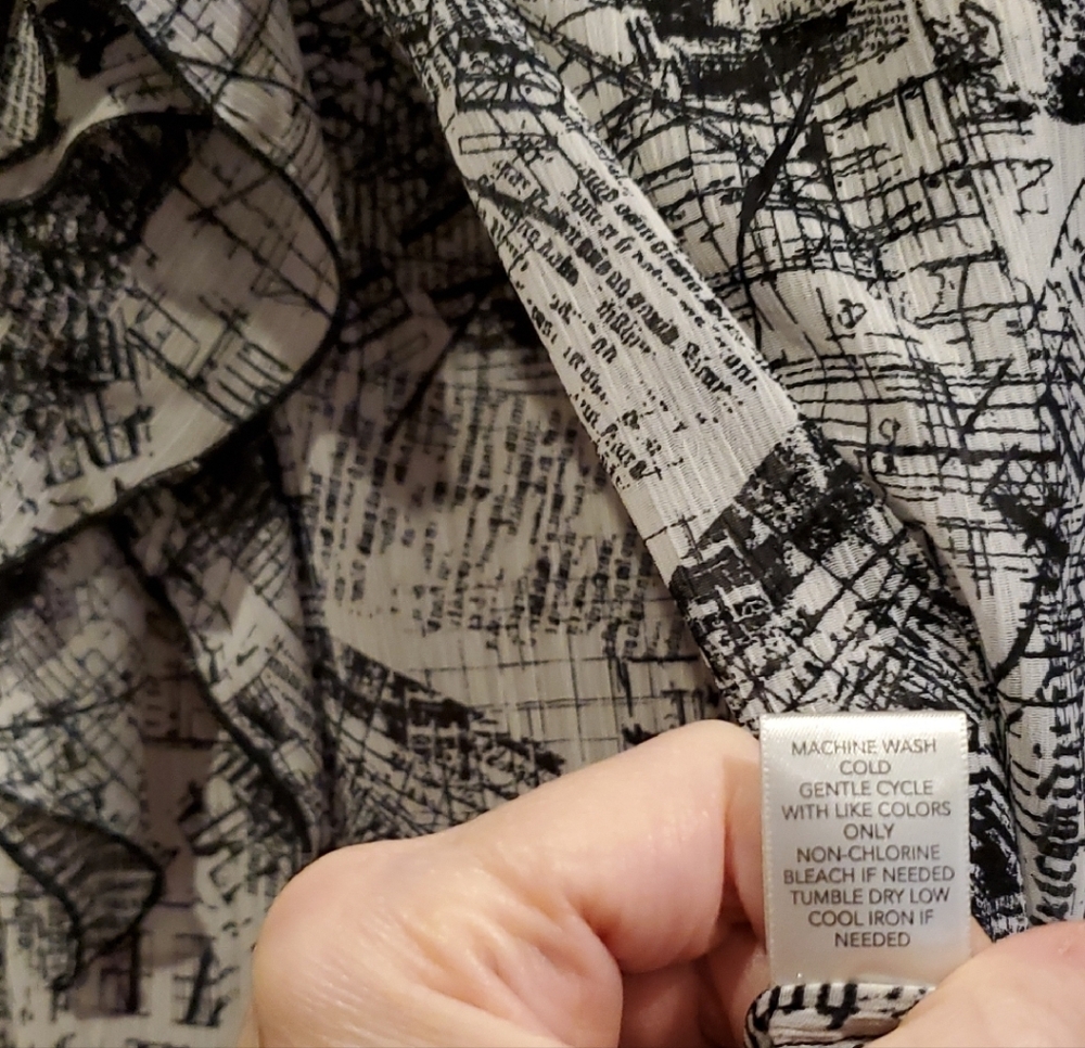 Christopher & Banks Black White Flowy Blouse Newspaper Print Cardigan Sheer Med. - Picture 9 of 16
